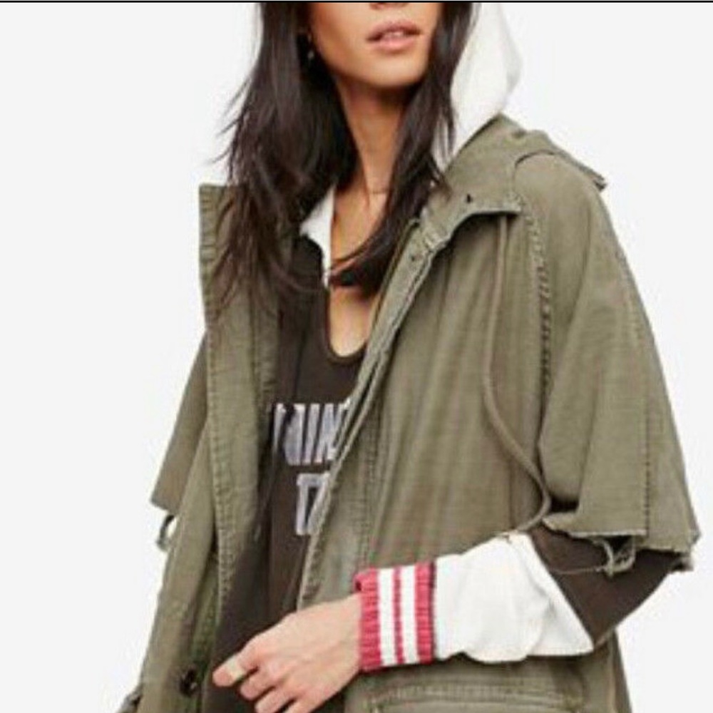 Free People Hooded Frayed Short Sleeved Jacket